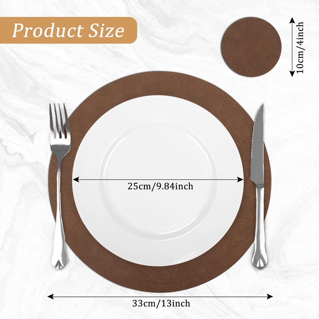 Faux Leather Round Placemats with Coasters Set of 6, 13x13 Inch Non-Slip Heat Resistant Dual-Sided Brown Place Mats