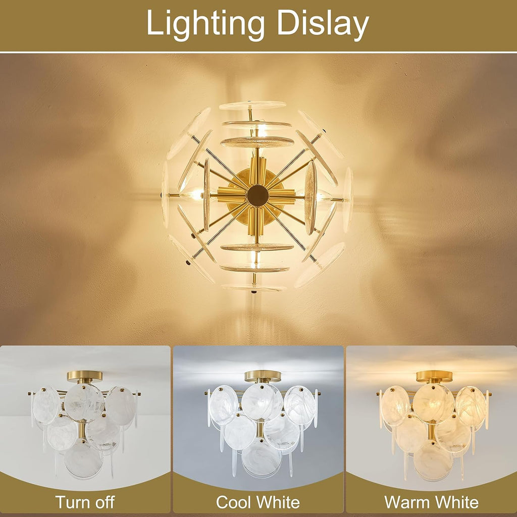 15" Brass Gold Semi Flush Mount Ceiling Light,13 lb Sturdy Vintage Flush Mount Chandelier with Unique Cloud Glass, 4