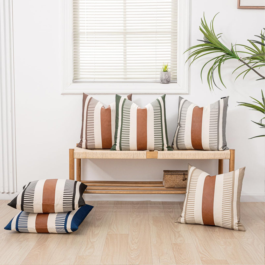 2 Pack 18x18 Inch Pillow Covers - Brown Faux Leather & Gray Stripe Print Soft Cotton Splicing, Same Pattern Both