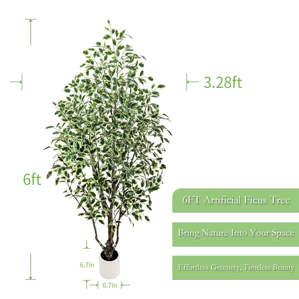 Artificial Ficus Tree Indoor 6ft, Faux Tree with Realistic Silk Leaves & Trunk Corner Decor