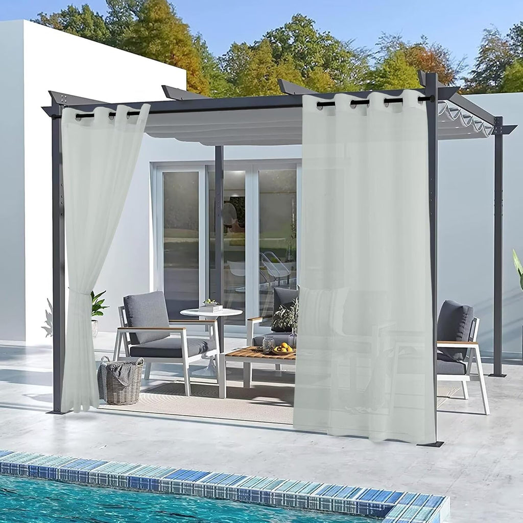 Outdoor Sheer Curtains Waterproof - 4 Panels Linen Look Grommet Curtain Light Filtering Outside Drapes, Pergola