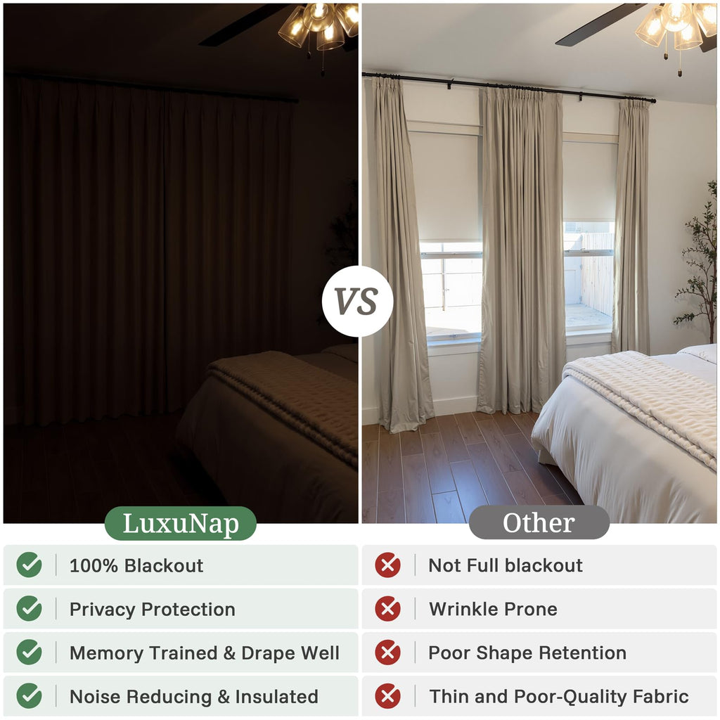 Taupe Pleated Linen Blackout Sliding Doors Curtains 4 Panels Set 84 Inches Long, Memory Trained Pinch Pleat Insulated