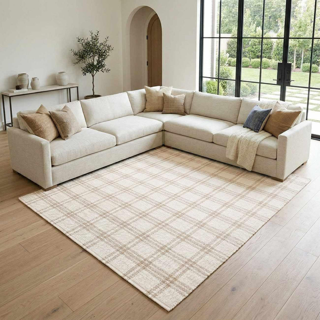 Dhyana Wool Living Room, Bedroom Area Rug - Plaid Checkered Geometric Striped - Contemporary Farmhouse Modern