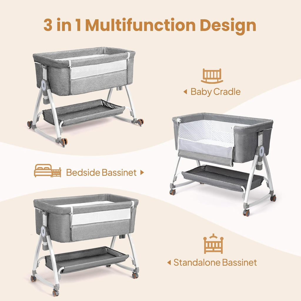 3 in 1 Baby Bassinet, Bedside Bassinet for Baby, with Comfy Mattress and Wheels, 6 Height Adjustable Easy Folding