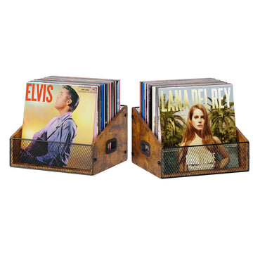 2-Pack Vinyl Record Storage for 120+ Records, with Handle, Retro Wooden