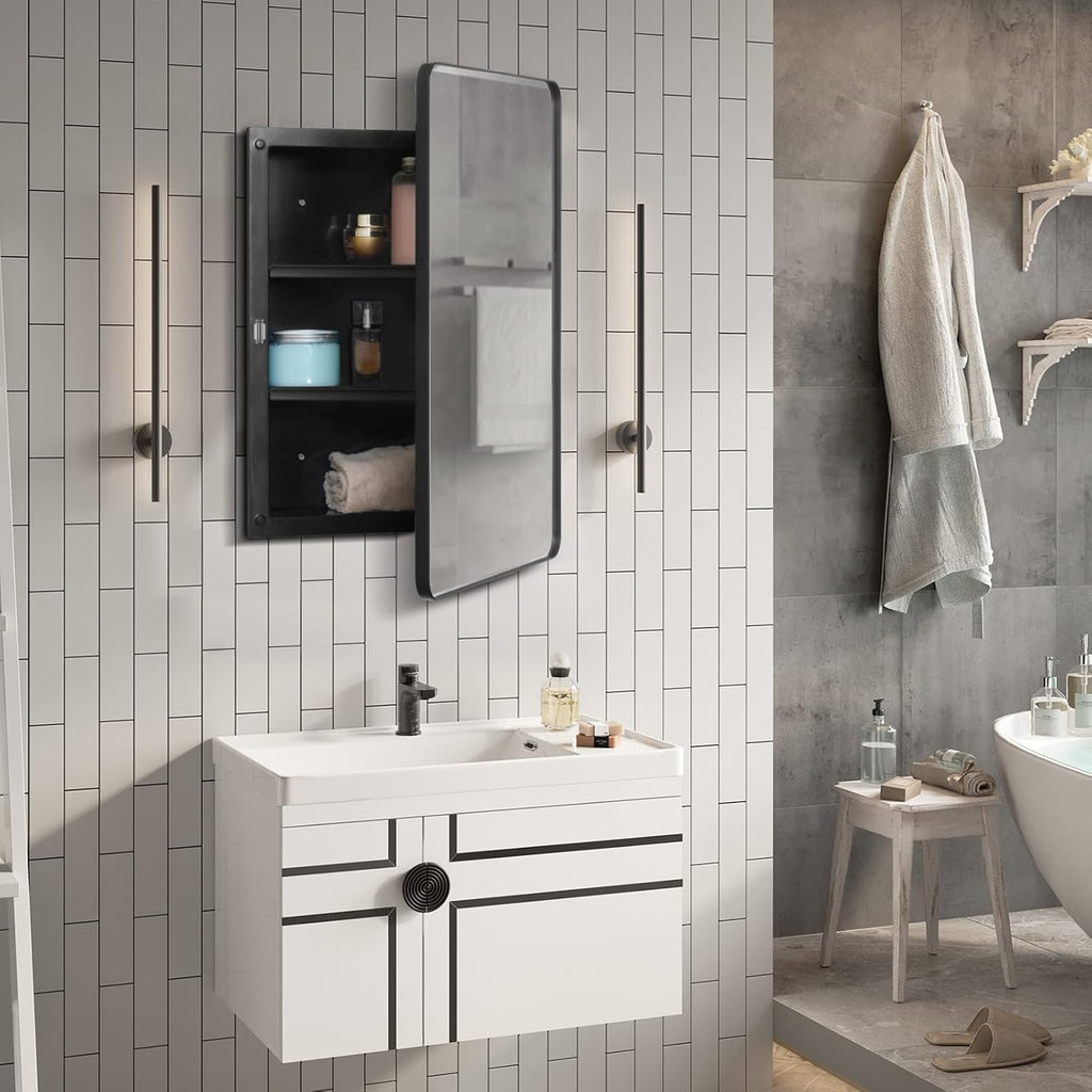 Plastic Black Medicine Cabinet 16x24 Beveled Mirror, Recessed/Surface Mount | Black Metal-Framed Bathroom Mirror