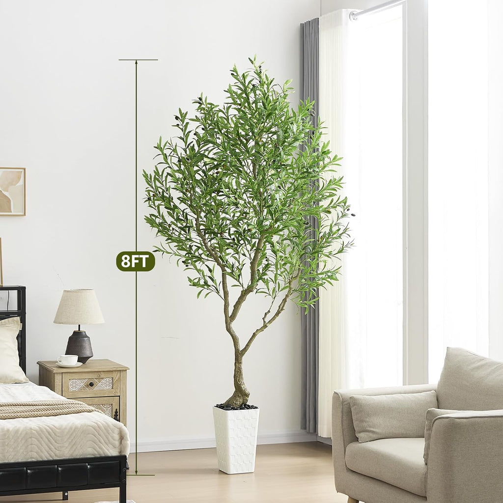 Olive Trees Artificial Indoor 8FT Tall Faux Olive Plants Silk Plant with White Planter, Artificial Plants Home Office