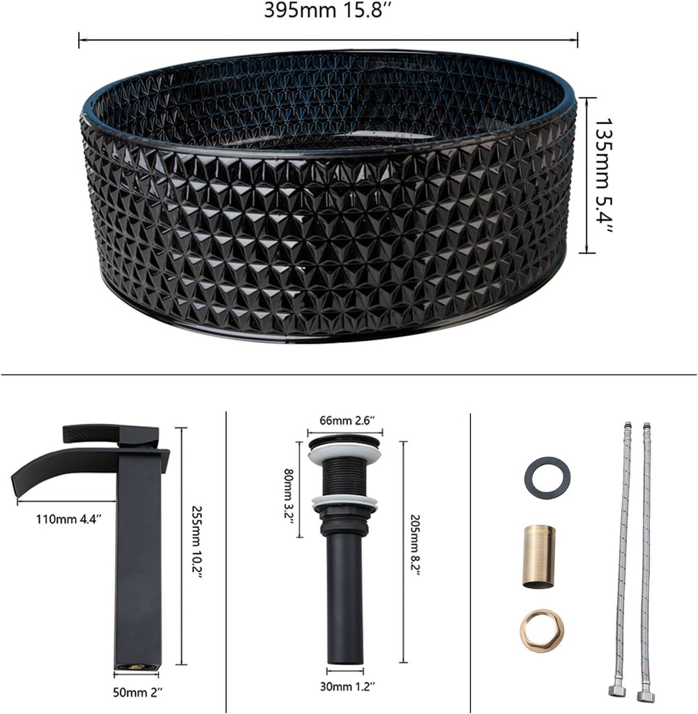 Black Crystal Bathroom Vessel Sink with Waterfall Faucet and Drain Combo,16 Inch Diamond Shaped Tempered Glass Sink