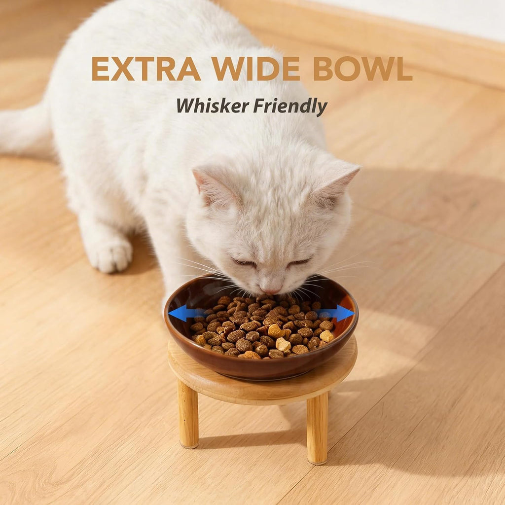 Elevated Cat Bowls, Ceramic Cat Bowl with Bamboo Stand Wide Opening