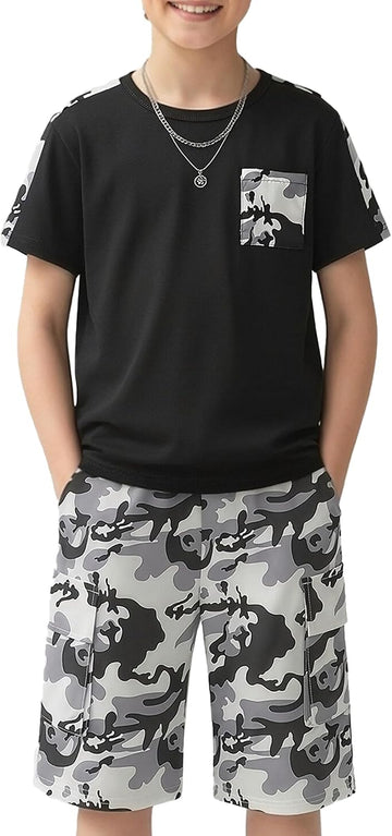 Boys Summer Outfit Set 2 Piece T Shirt and Camo Shorts Casual Clothes for Little Big Boys