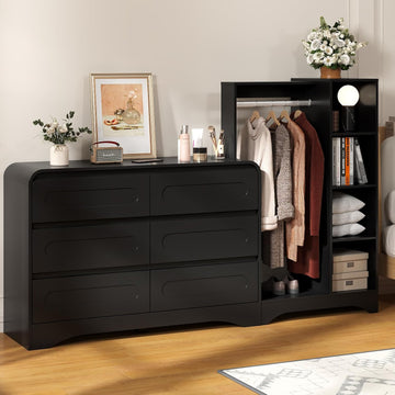 Dresser with Clothes Hanging Rack, Wardrobe Closet w/ 6 Drawers and Shelves | Pre-Installed Slides for Fast