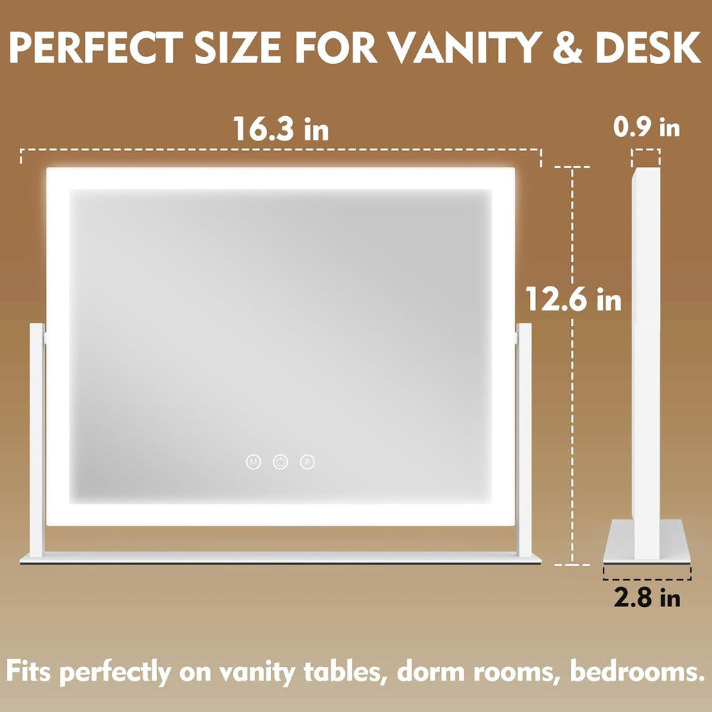 Lighted Makeup Mirror 16.3"x12.6", Hollywood Vanity Mirror with 10X Magnifier, 3 Color LED Lighting Modes, Smart Touch