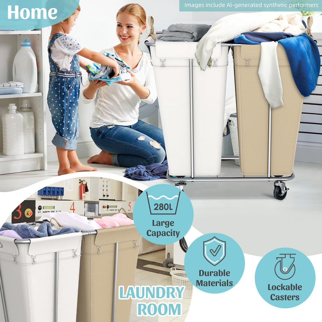 2-Section Rolling Laundry Sorter, Oat and White