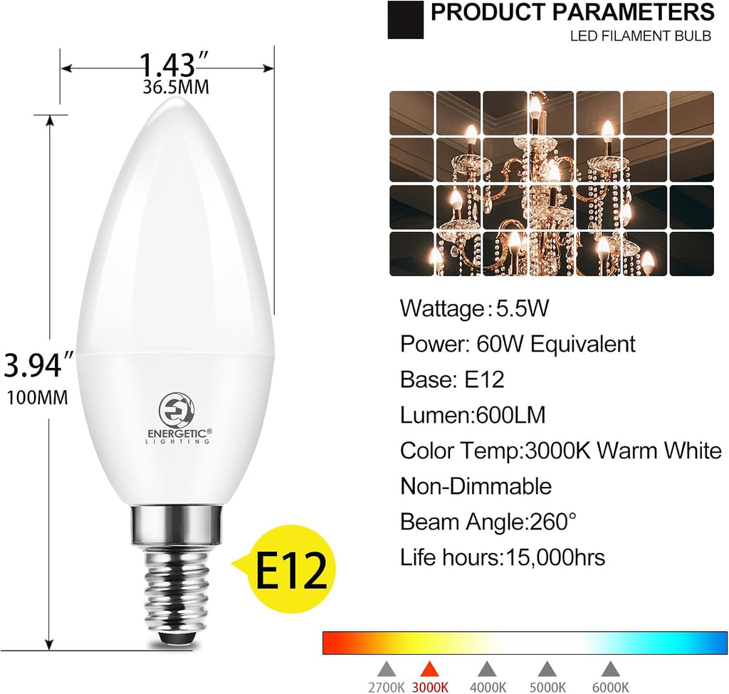 Energetic E12 LED Candelabra Light Bulbs 5.5W (60 Watt Equivalent), 3000K Warm White, 600LM Chandelier Light Bulbs