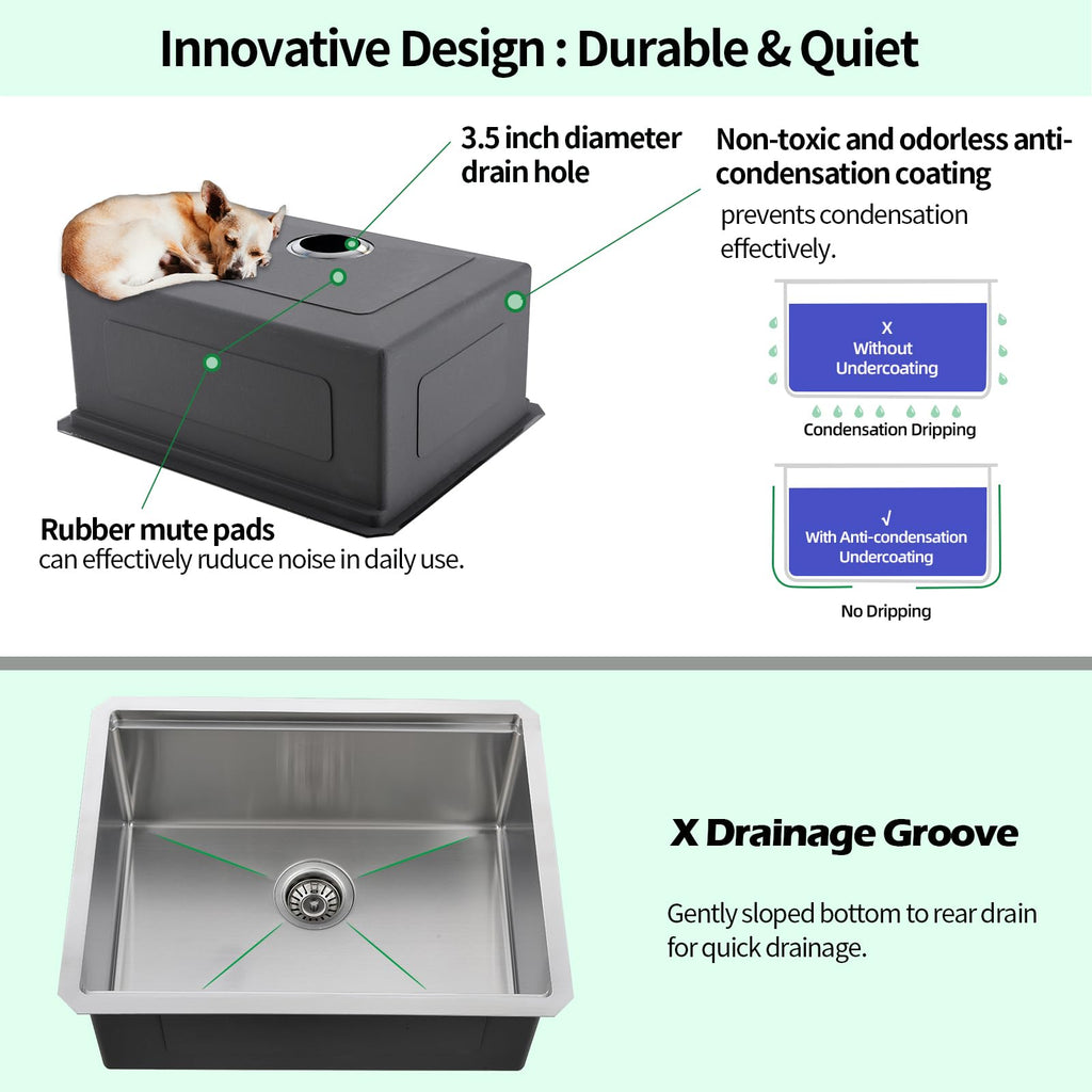 Undermount Kitchen Sink, 24 x 19 Inch Sink Kitchen 16 Gauge Stainless Steel Kitchen Sinks Single Bowl Workstation