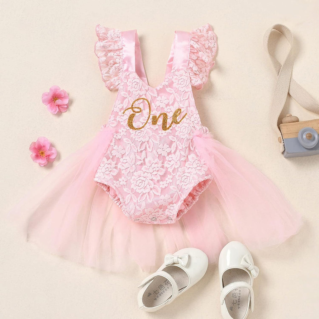 Baby Girl 1st Birthday Outfit Lace Tulle Romper Princess Tutu Dress Headband Shiny ONE Cake Smash Photo Shoot Clothes
