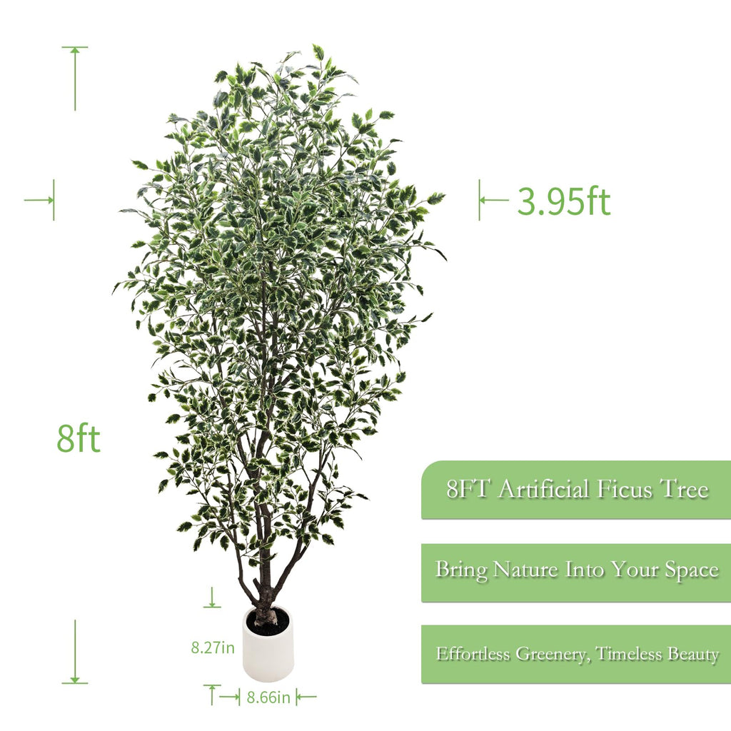 Artificial Ficus Tree, 8ft Tall, Variegated Green and White Foliage, Zero Maintenance Indoor Decorative Plant with