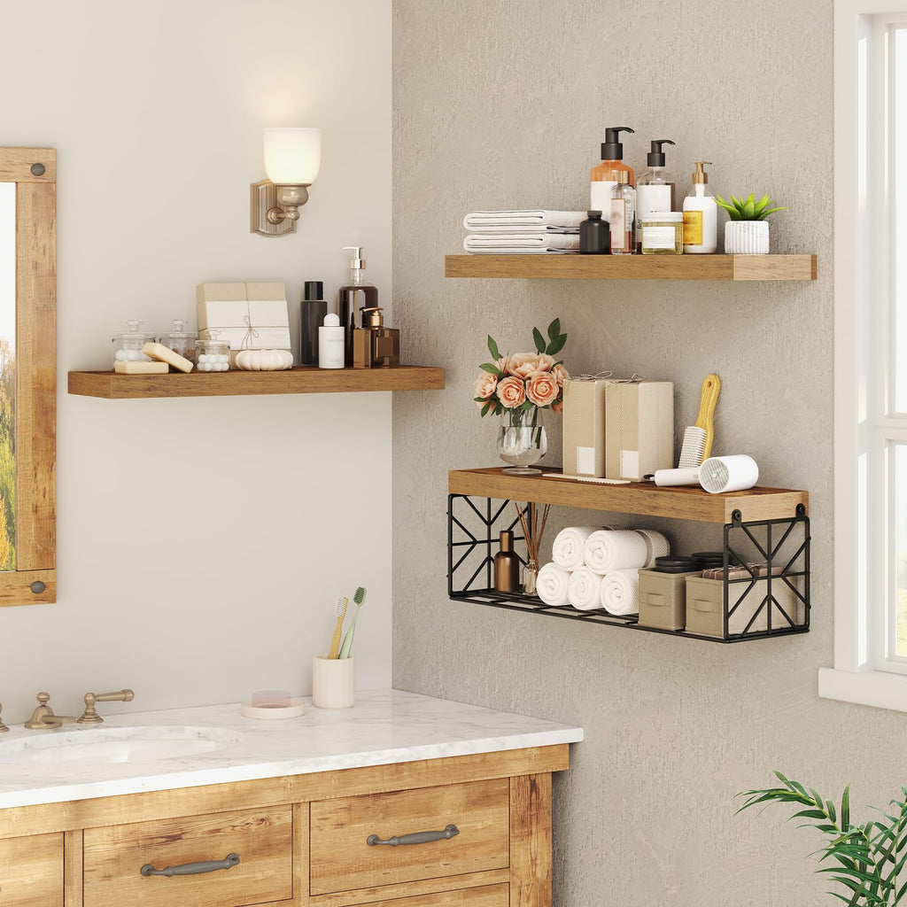 Floating Shelves for Wall, 23.6" Wall Mounted Shelves Set of 3, 1.5" Thick Hanging Shelf Storage, Farmhouse Decor