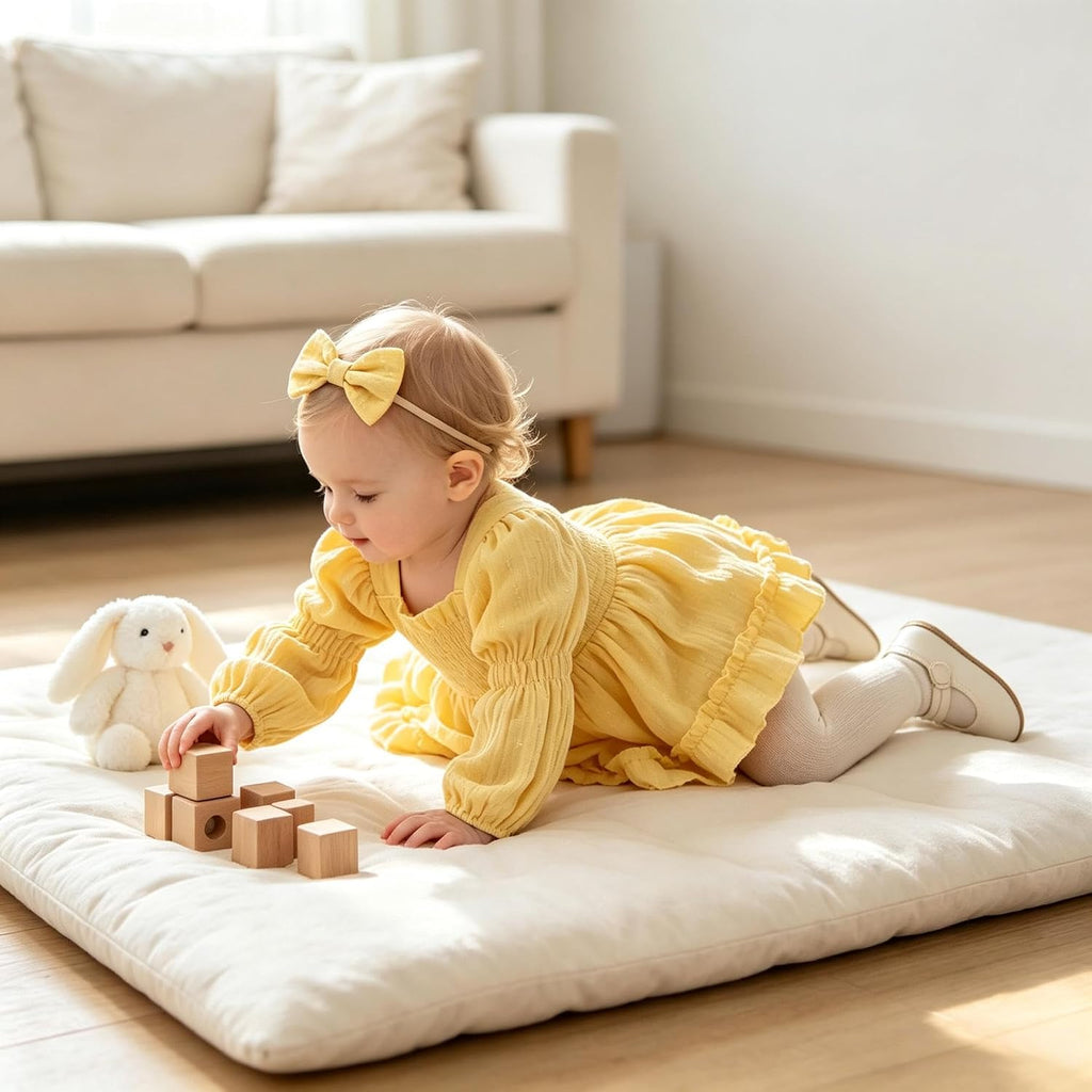 Baby Girl Romper Dress Smocked Long Sleeve Jumpsuit & Headband for Infants