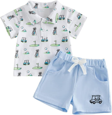 Toddler Baby Boy Summer Outfit Short Sleeve Embroidered Printed Button Down T-shirt Shorts Set 2Pcs Infant Clothes