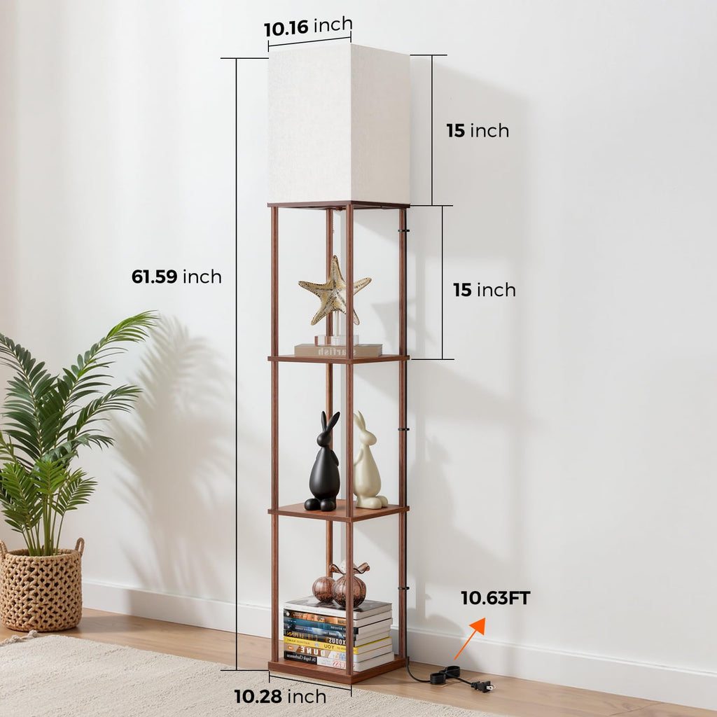 Floor Lamp with Shelves, 3-Tier Modern Square Bookshelf Standing Lamp Brown