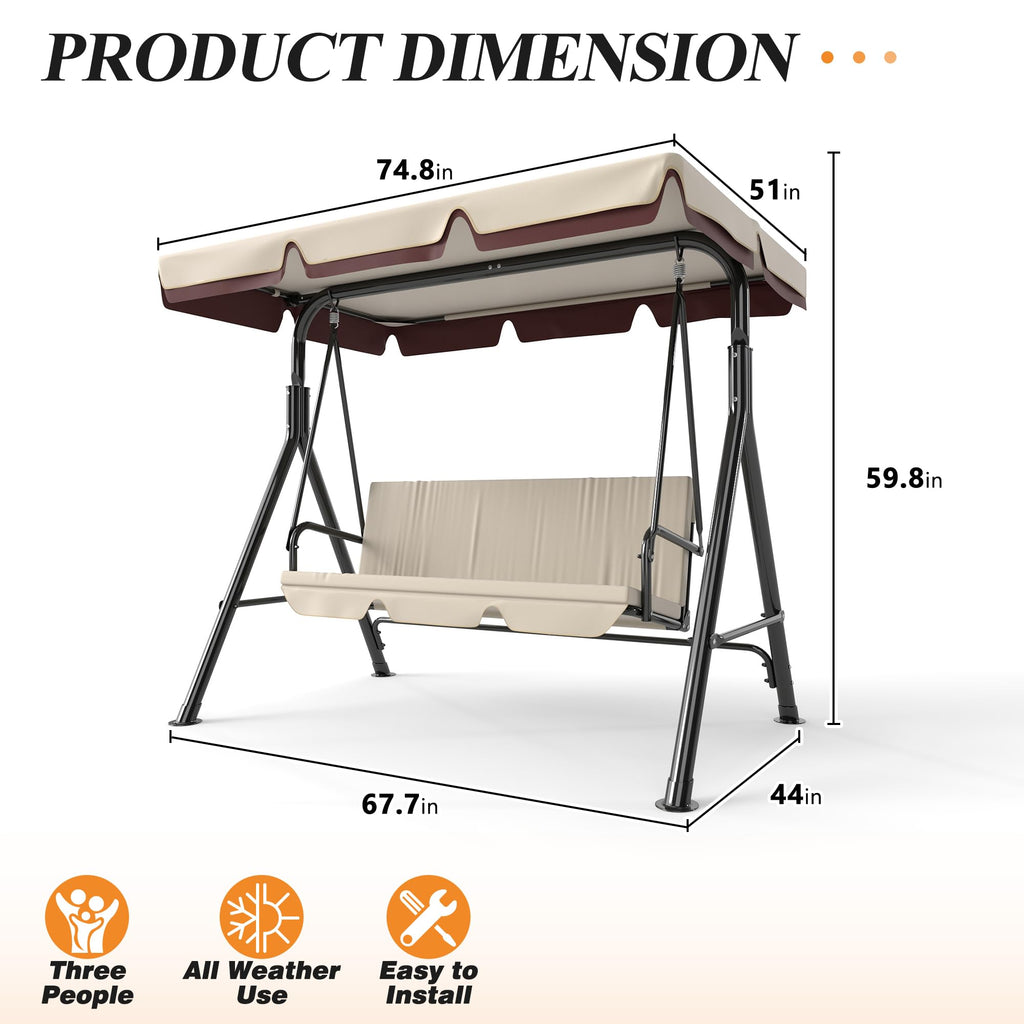 3-Seat Patio Swing Chair, Beige