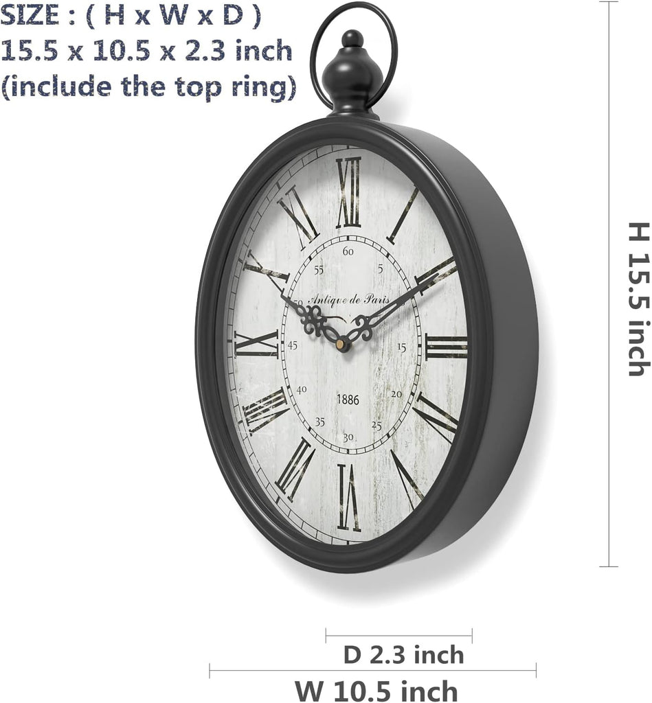 Menterry Oval Retro Wall Clock, Rustic Vintage Style, Black Antique Design