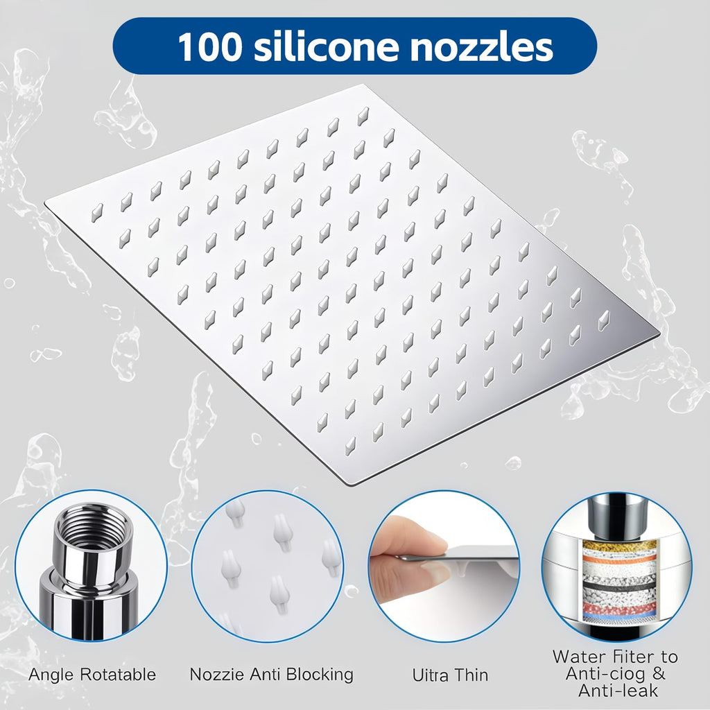 Rain Shower Head with Filter for Hard Water Square 12 Inch Chrome Polish