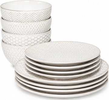 Oyster Tide Embossed 12 Piece (Service for 4) Plates and Bowls Reactive Glaze Round Dishes Stoneware Ceramic
