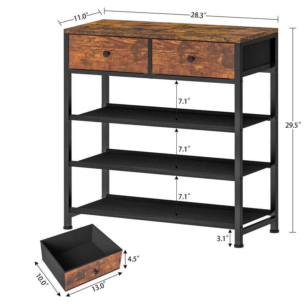 Shoe Rack, 4 Tier Shoe Storage Organizer with 2 Drawers, Metal Shoe Shelf for 9-12 Pairs of Shoes, with 3 Oxford