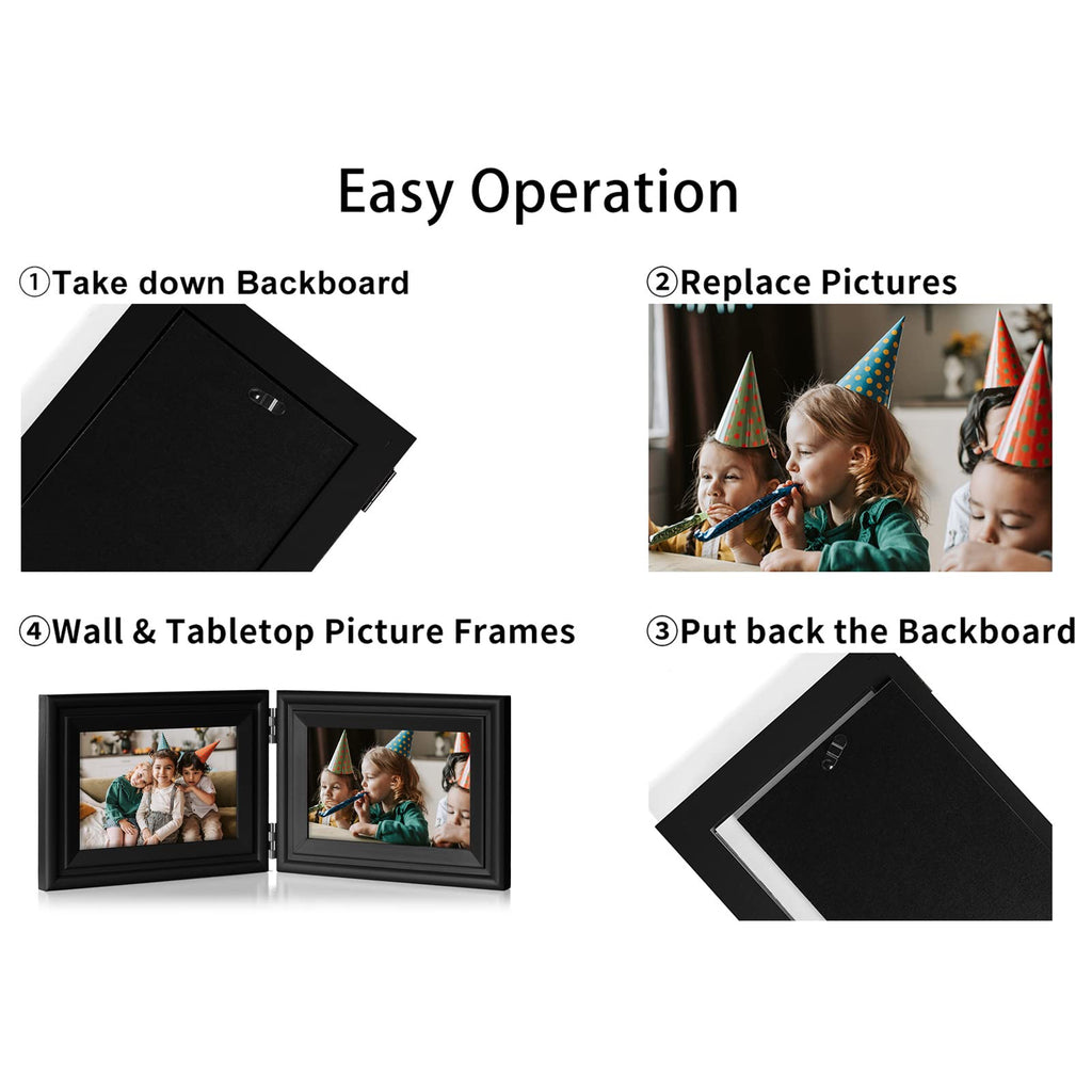 5x7 Double Horizontal Hinged Wood Picture Frame Folding Photo Frame with Real Glass Front in Black for Tabletop