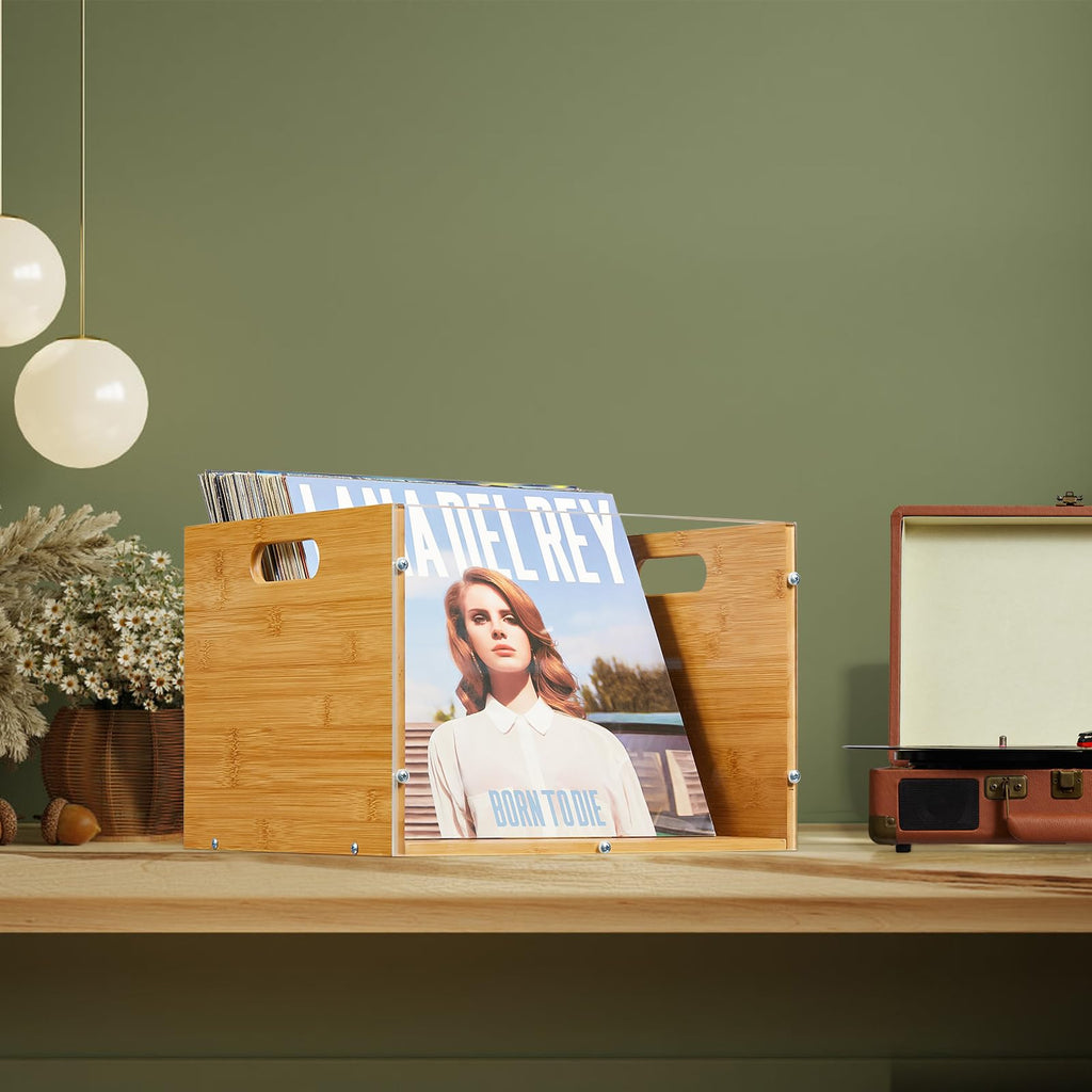 2-Pack Vinyl Record Storage Box, Bamboo & Acrylic Crate