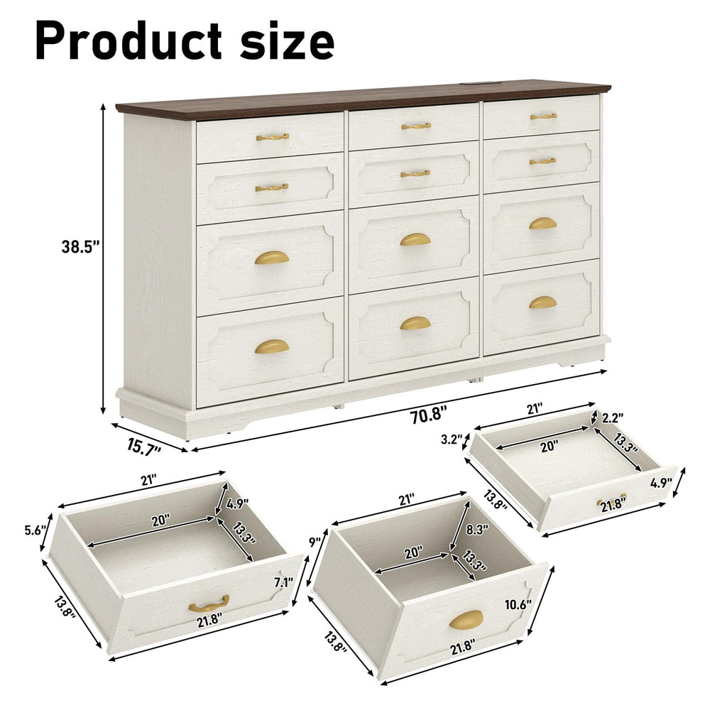 70inch Large Long w/Charging Station, 12 Drawer w/Deep Big Drawers, Wooden Chest of Drawers w/Power Outlet, White