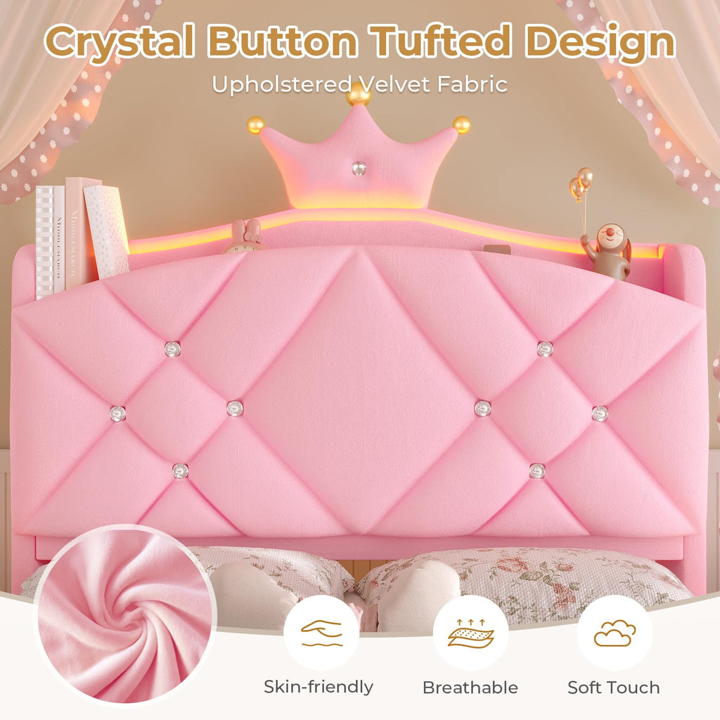 Twin LED Bed Frame with Storage Headboard & Drawer, Princess Upholstered Bed with Charging Station & Crystal Button &