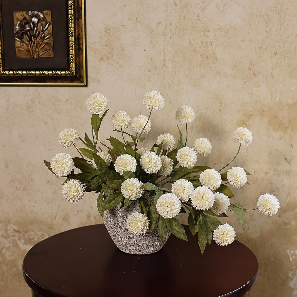 6 Pcs 27" Faux Silk Pompon Mum Artificial Flowers for Vase(Cream) | Bulk Fake Chrysanth Branches with Stems, for DIY