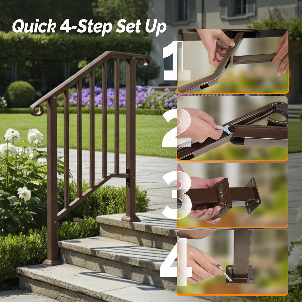 2 Pack Handrails for Outdoor Steps, Stair Handrail Kit Fits 1 to 5 Steps, Wrought Iron Hand Rail with Curved End &
