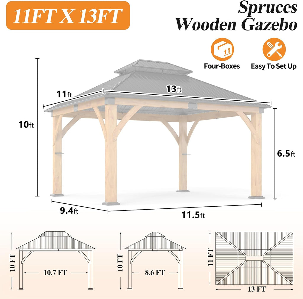 11'x 13' Outdoor Spruce Wood Gazebo - Patio Hardtop Gazebo Permanent Wooden Pavilion with 2 Shelves