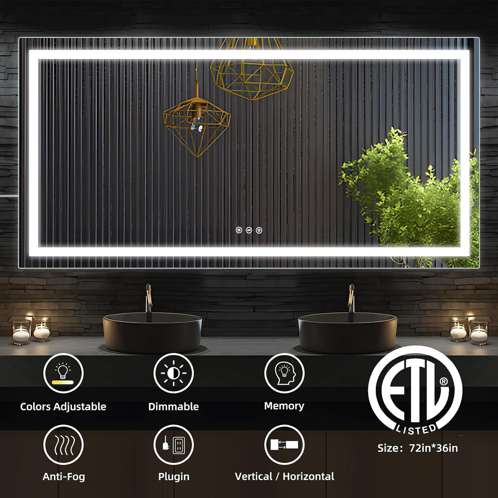 72" x 36" Bathroom Mirror with Lights, Anti-Fog Vanity Mirror with 3 Color Temperatures (3000K/4000K/6500K) &