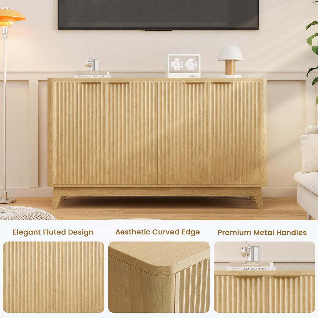 57" Fluted Sideboard Buffet Cabinet with Aesthetic Curved Profile, 4-Door Credenza Storage Cabinet Entryway Console