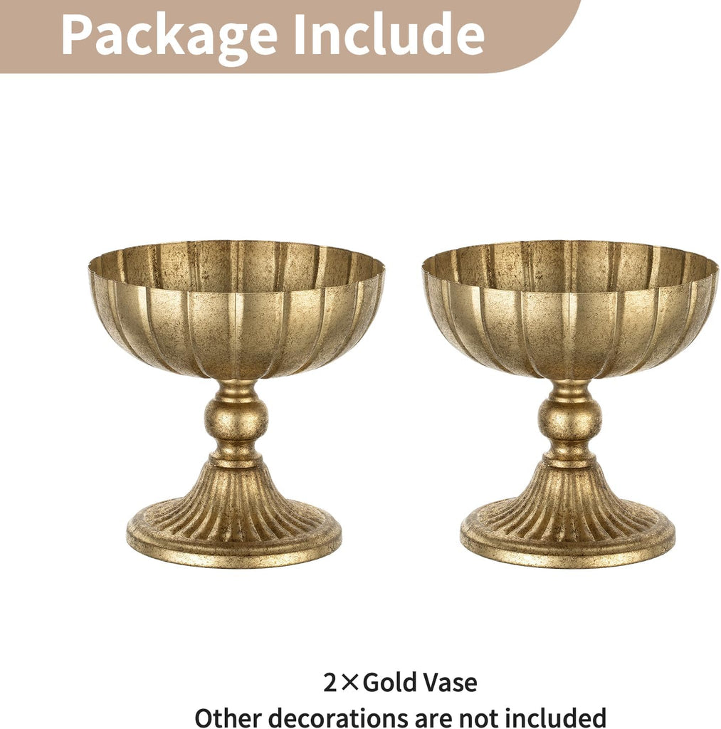 Gold Compote Vase for Centerpiece: 7.95" Tall Pedestal Footed Bowl for Flowers - Distressed Brass Urn for Wedding