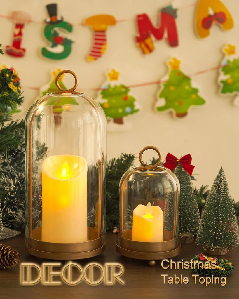 Glass Hurricane Candle Holders for Pillar Candles, Set of 2 (5" & 4" Wide) with Lamp Shape Glass Dome & Brass Base