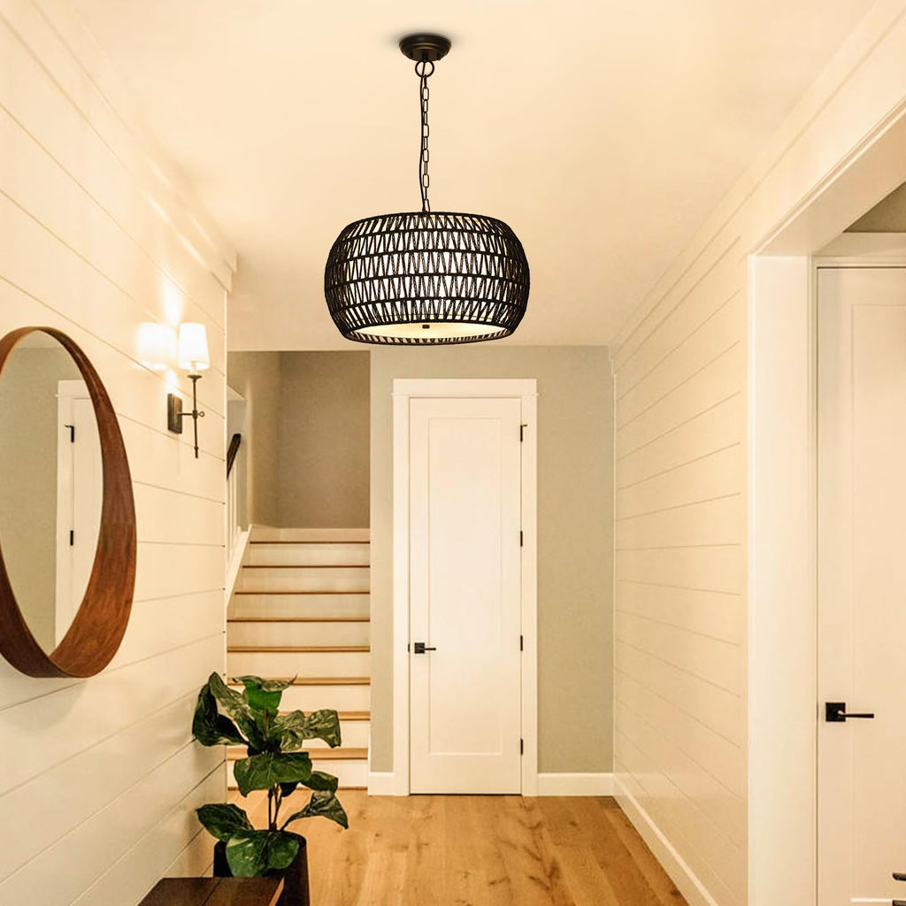 Farmhouse Chandeliers, 5-Lights Rattan Boho Chandelier Light Fixture, Black Woven Dining Room Light Fixture with
