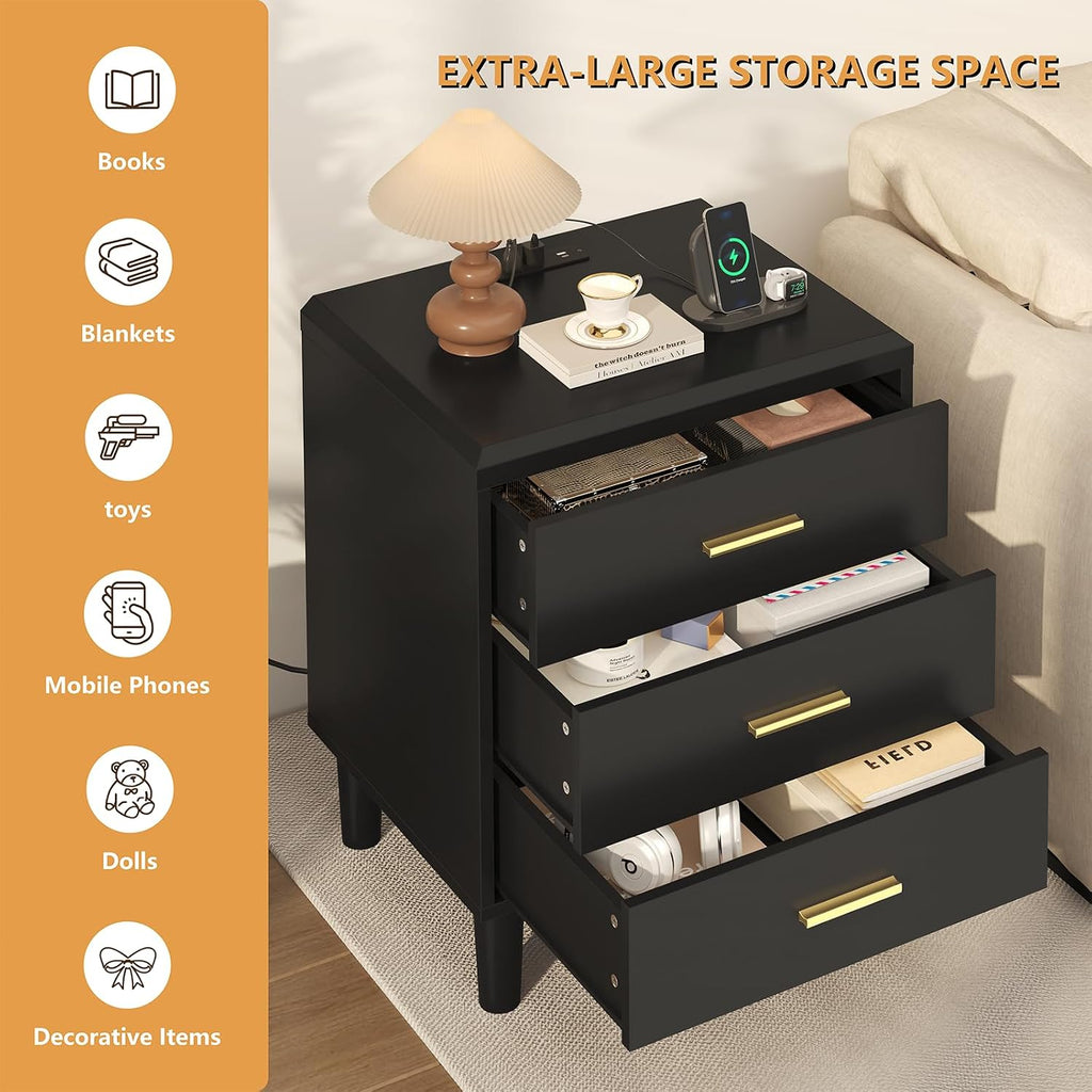 Nightstand with Charging Station, 3 Drawers Bedside Table with Solid Wood Legs, UL Certified Power Outlet End Table