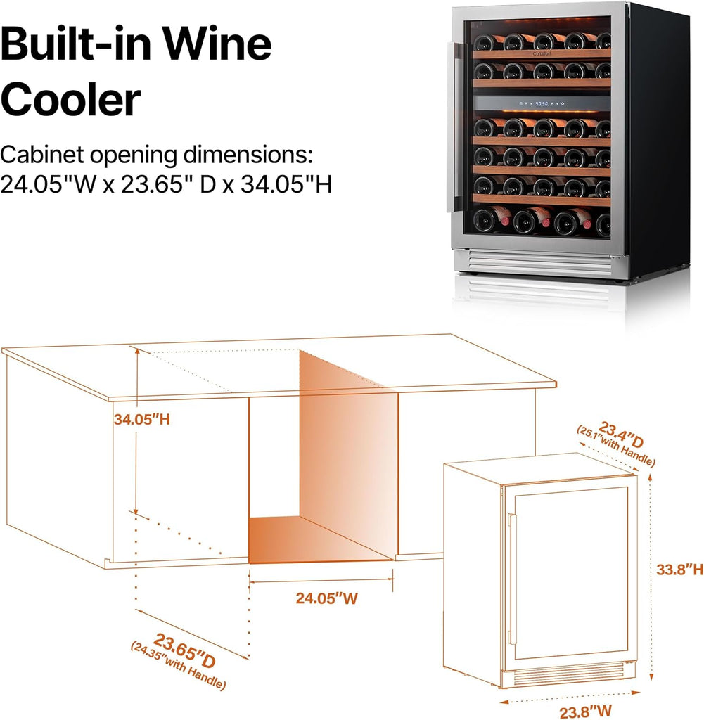 Wine Fridge & Cooler - 24 Inch 52 Bottle Wine Cooler Refrigerator, 40-65°F Dual 