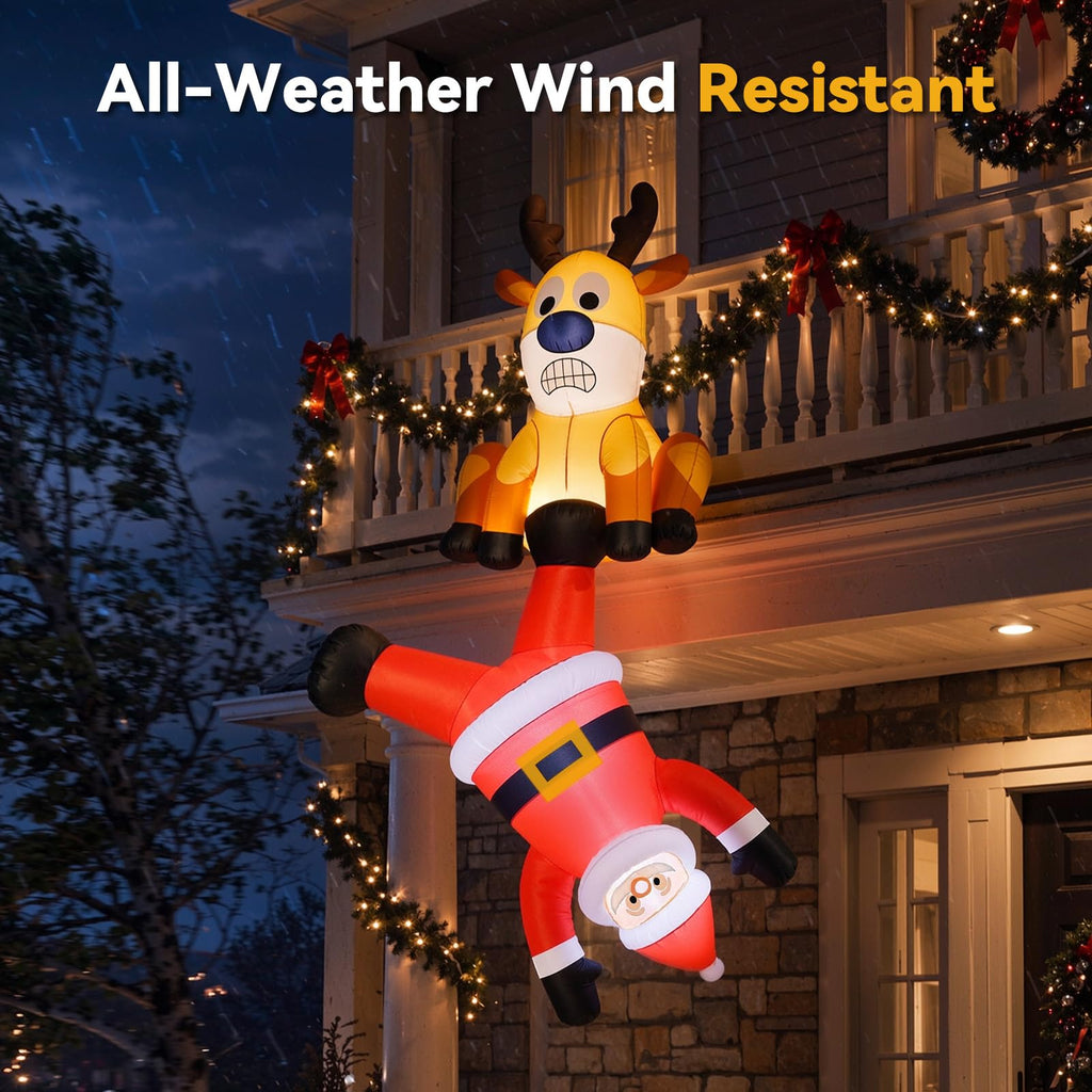 8FT Christmas Inflatable Decoration, Hanging Inflatables Santa Pulled by Reindeer Blow Up Yard Decor with Built-in