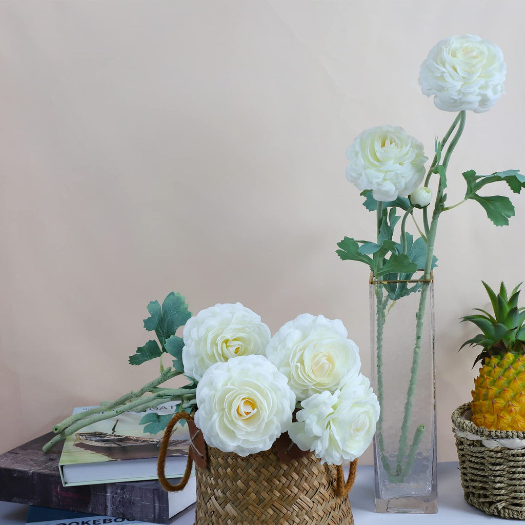 Artificial Ranunculus Long Stem Buttercup Silk Flowers 6pcs Decor and Wedding Decorations(White 1)