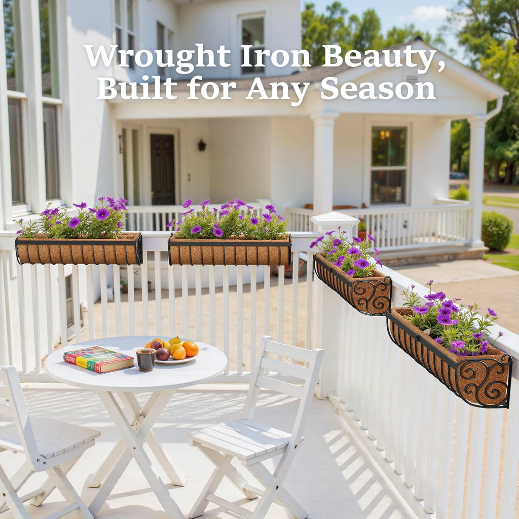 Railing Planter Boxes, 30 Inch Window Boxes Planters, Balcony Planters with Adjustable Brackets & Coco Liner for