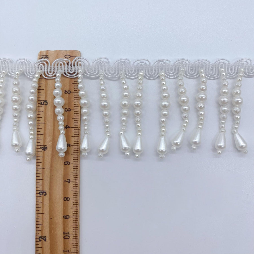 Pearl Fringe Trim with Teardrop Beads - Decorative Lace for Clothing, Lampshades, Curtains, and DIY Crafts - 1 Yard