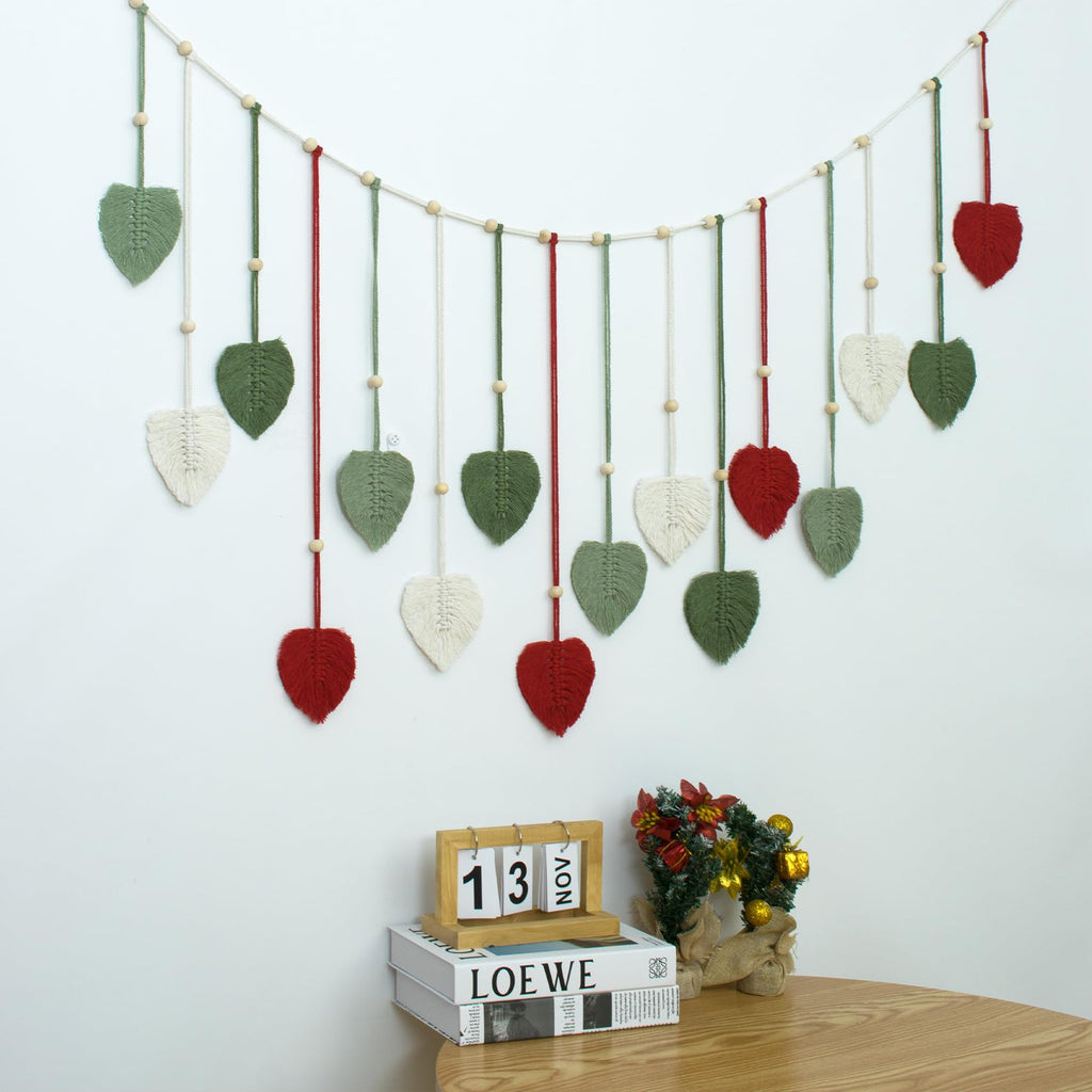 Macrame Leaf Wall Hanging Large, Boho Red and Green Leaves Woven Tapestry Christmas Home Decor, Handcrafted Tassels