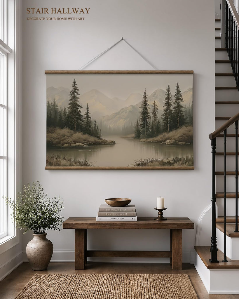 Extra Large Framed Wall Art, Mountain Lake Forest Print, 36x54In